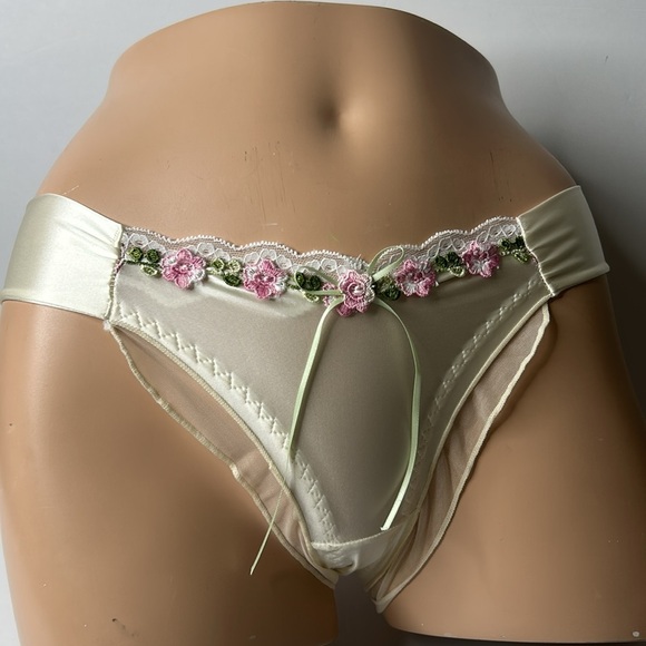 IZA Liquid Satin Cream Embroidered Floral Smooth Silky Stretch Feminine Panties - Picture 1 of 13